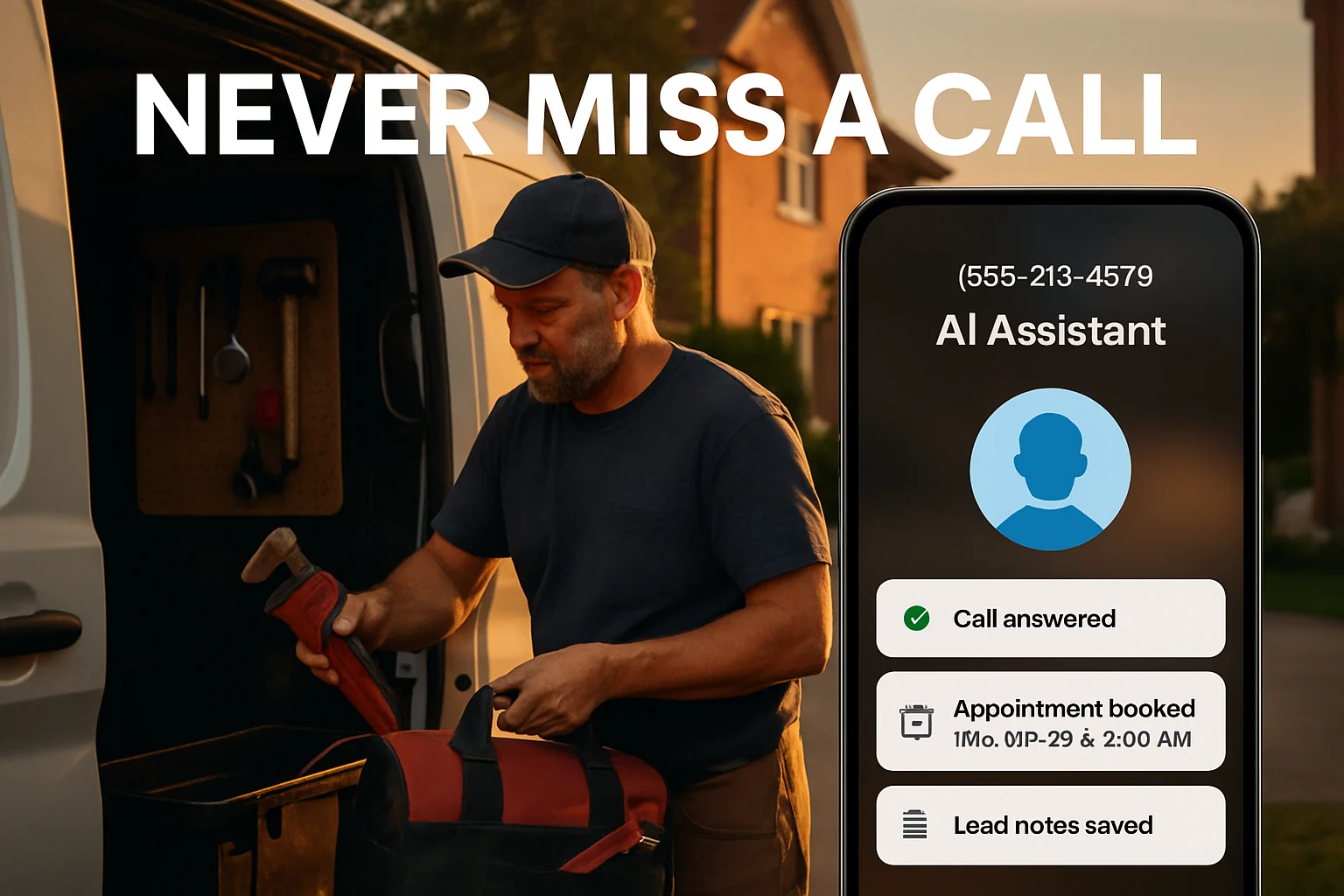 Local business owner working after hours while an AI phone answers a customer call